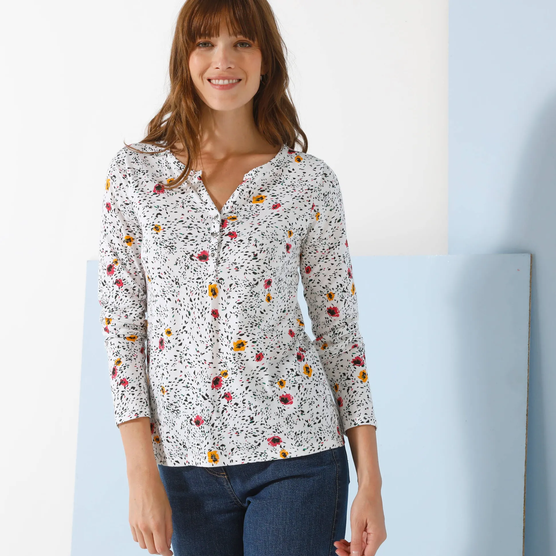 T-shirt met Tunesische hals en lange mouwen, bedrukt