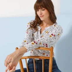 T-shirt met Tunesische hals en lange mouwen, bedrukt