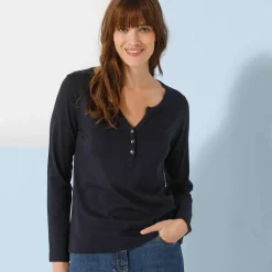 T-shirt met Tunesische hals en lange mouwen, effen