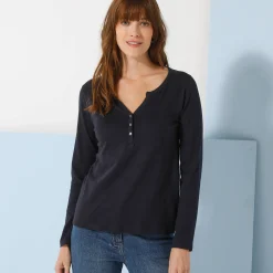 T-shirt met Tunesische hals en lange mouwen, effen