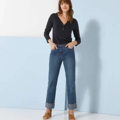 T-shirt met Tunesische hals en lange mouwen, effen