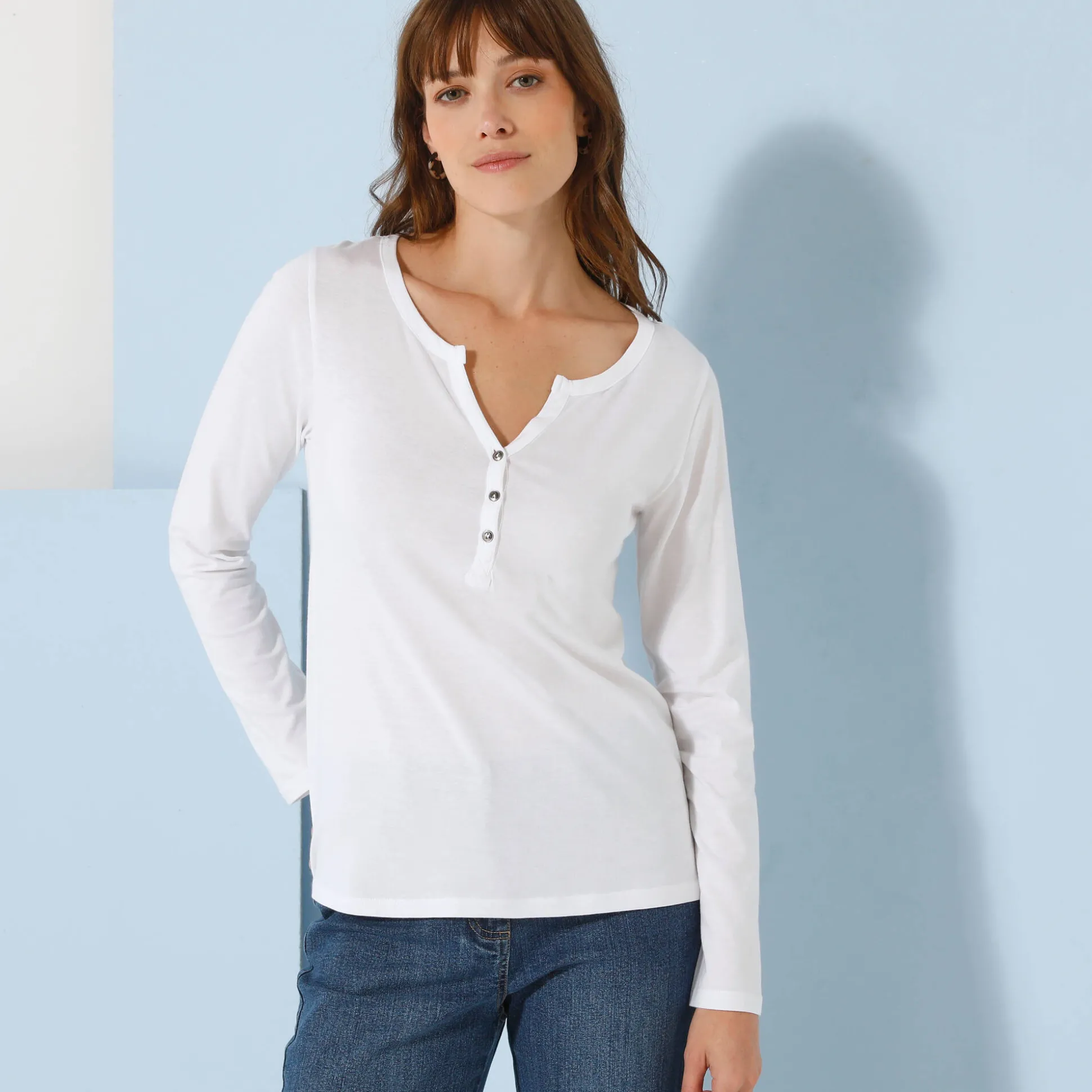 T-shirt met Tunesische hals en lange mouwen, effen
