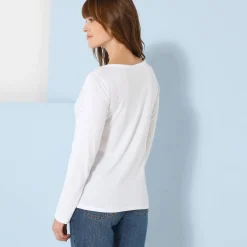 T-shirt met Tunesische hals en lange mouwen, effen