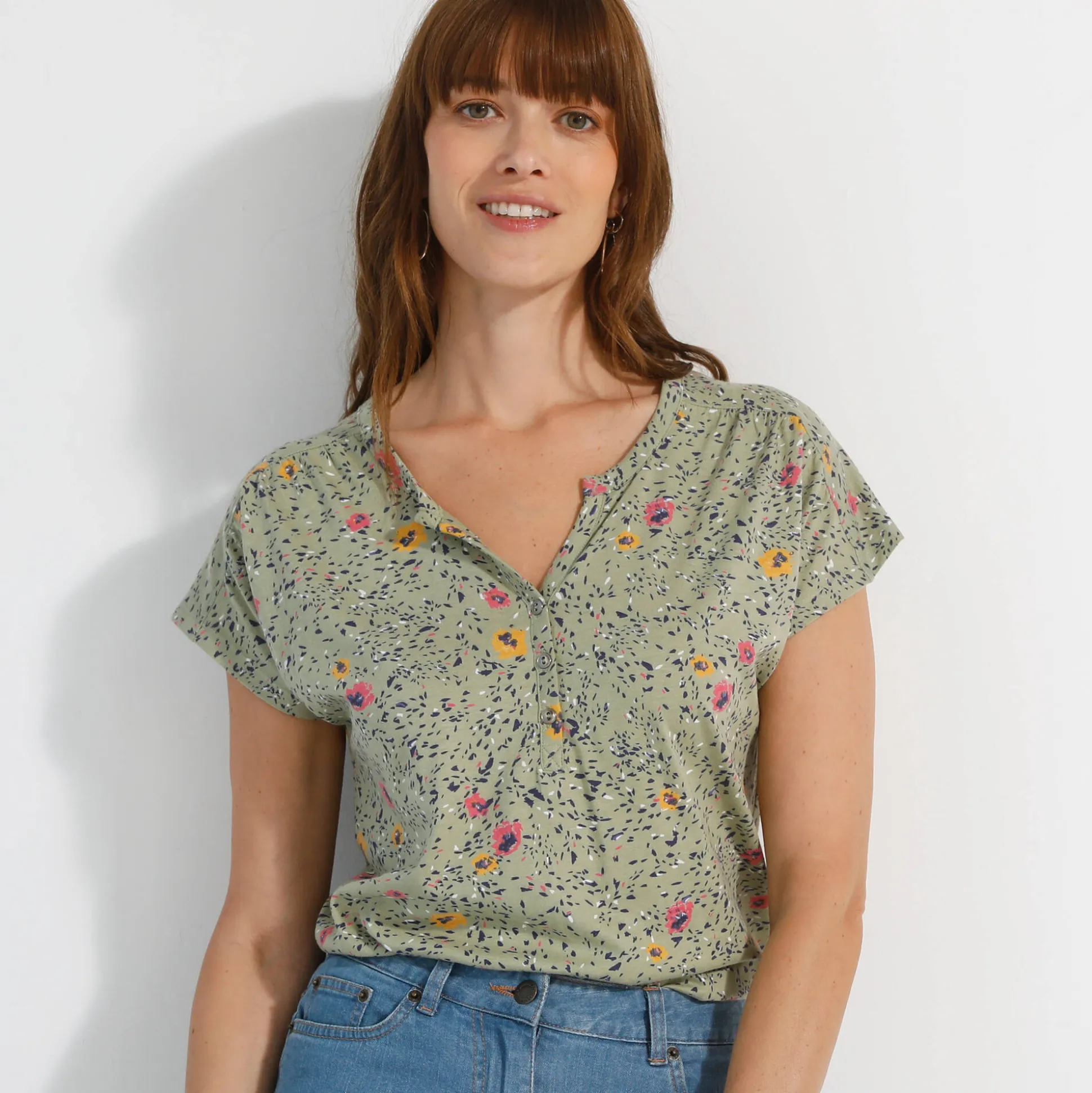 T-shirt met Tunesische hals en korte mouwen, bedrukt