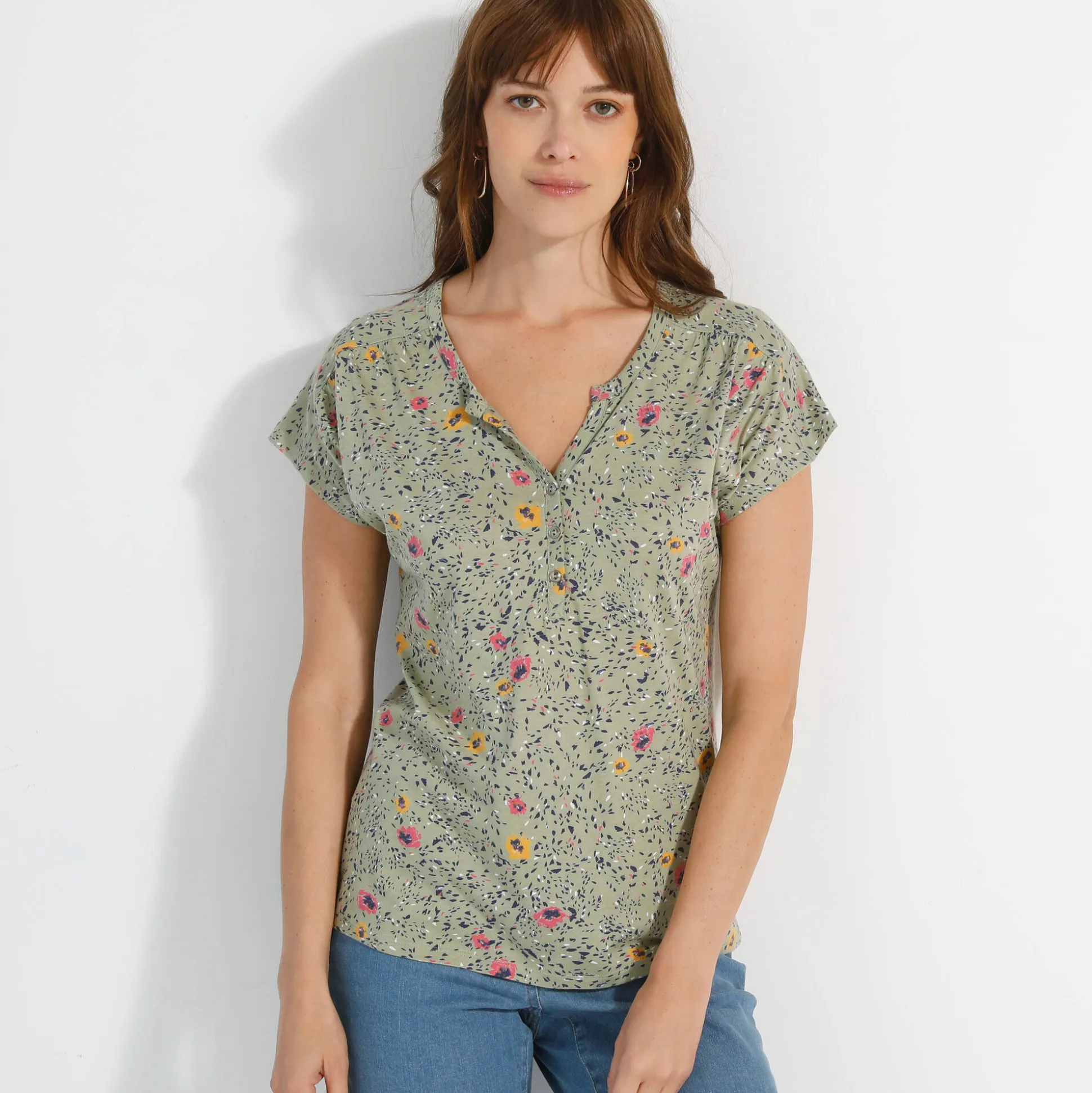 T-shirt met Tunesische hals en korte mouwen, bedrukt