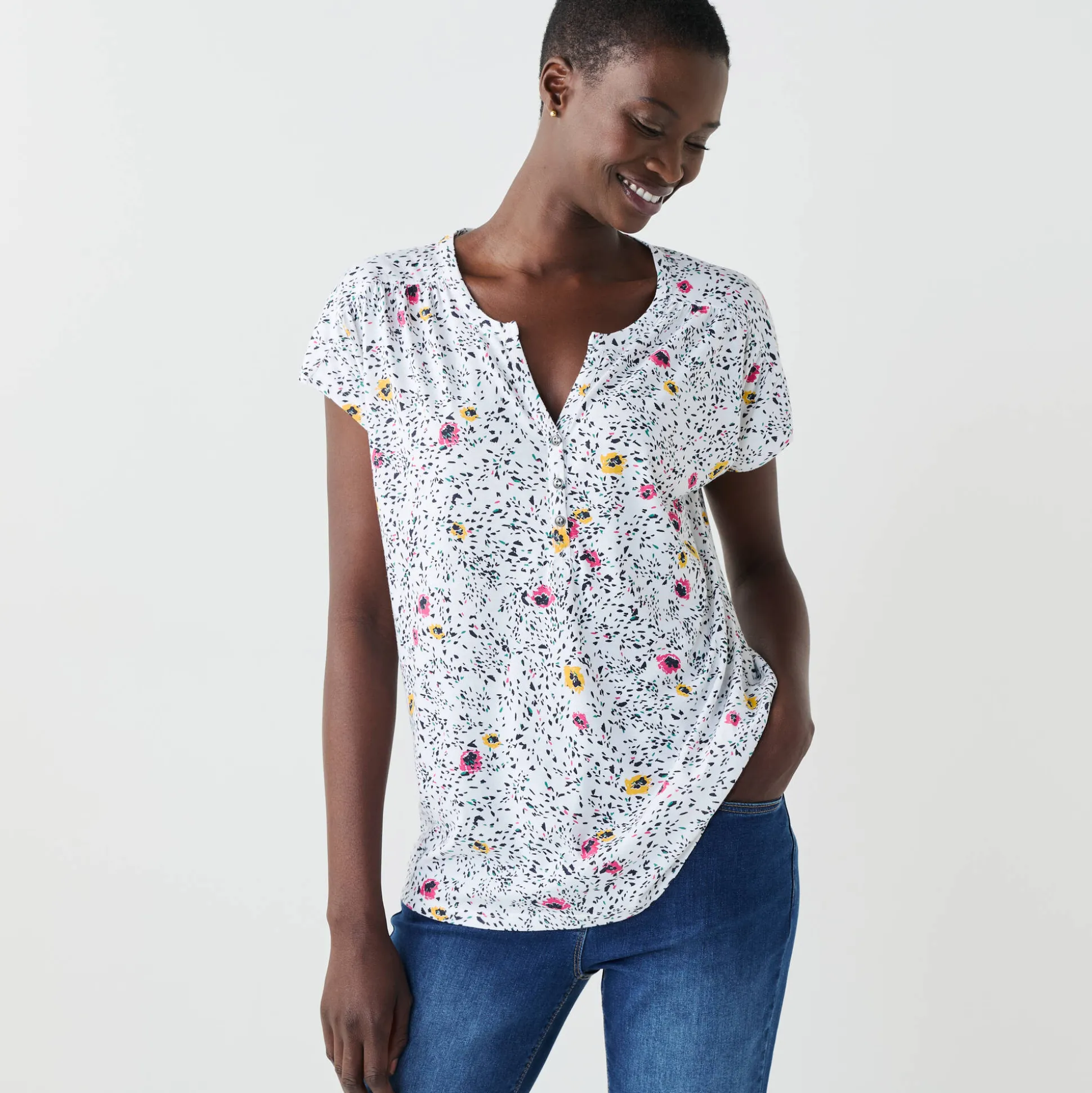 T-shirt met Tunesische hals en korte mouwen, bedrukt