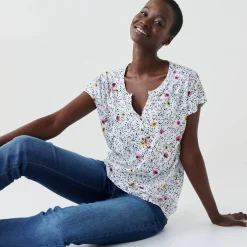 T-shirt met Tunesische hals en korte mouwen, bedrukt