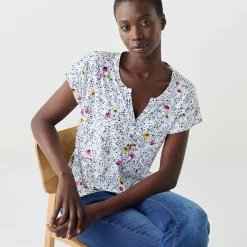 T-shirt met Tunesische hals en korte mouwen, bedrukt