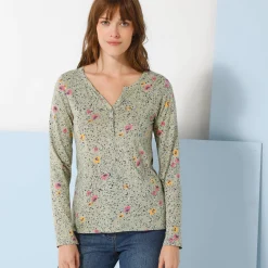 T-shirt met Tunesische hals en lange mouwen, bedrukt