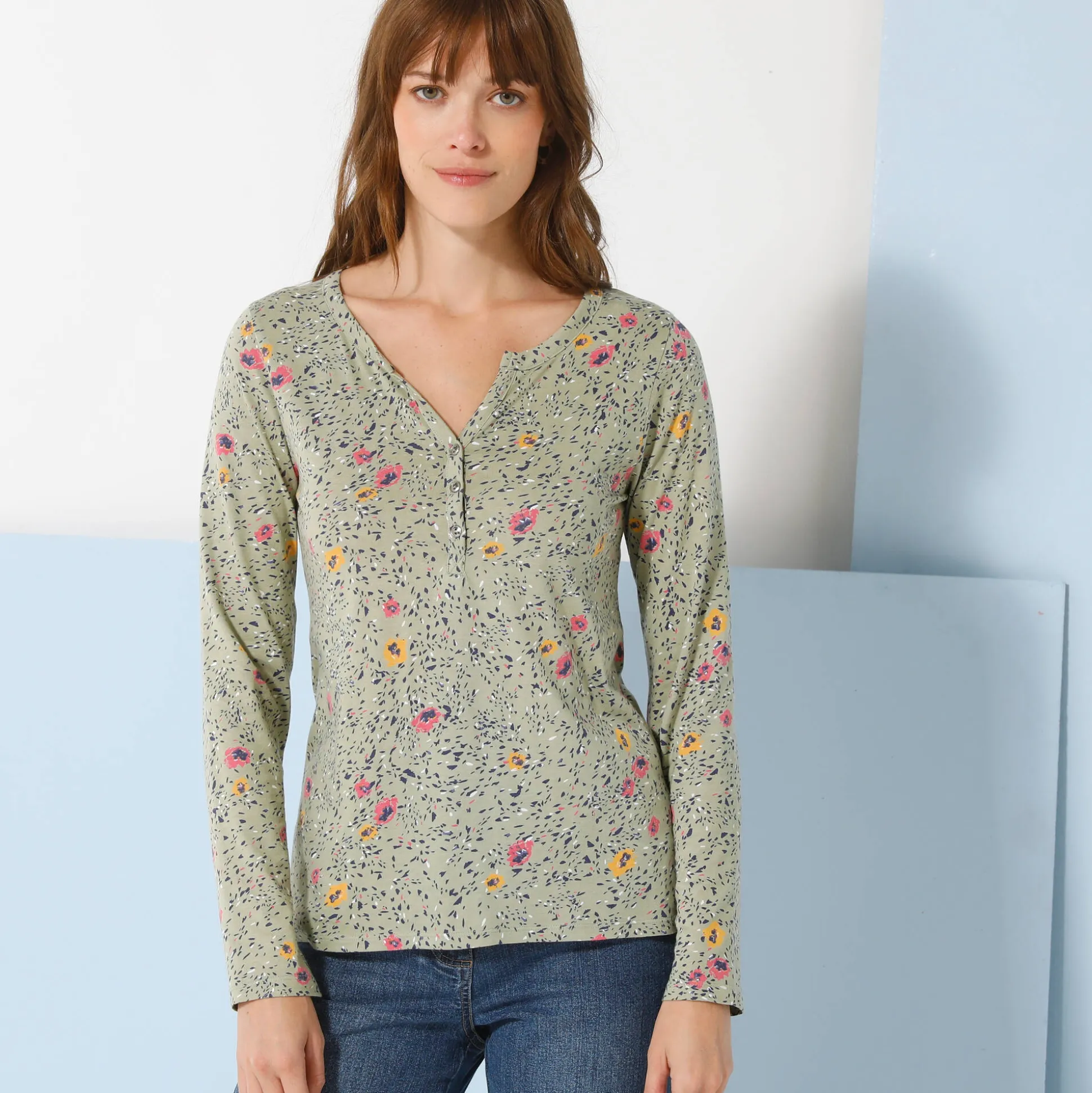 T-shirt met Tunesische hals en lange mouwen, bedrukt