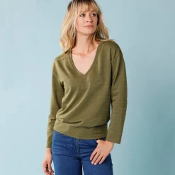 T-shirt met V-hals en glansdraad, kleine lengtes