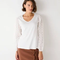 T-shirt met V-hals en kanten mouwen
