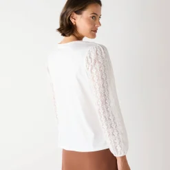 T-shirt met V-hals en kanten mouwen