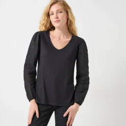 T-shirt met V-hals en kanten mouwen