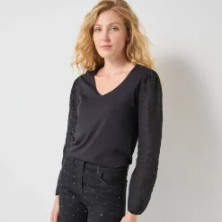 T-shirt met V-hals en kanten mouwen