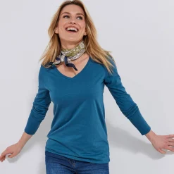 T-shirt met V-hals en lange mouwen