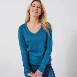 T-shirt met V-hals en lange mouwen