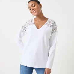 T-shirt met V-hals en lange mouwen in kant