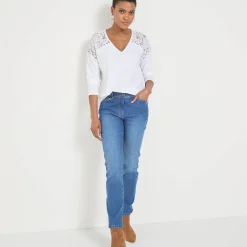 T-shirt met V-hals en lange mouwen in kant