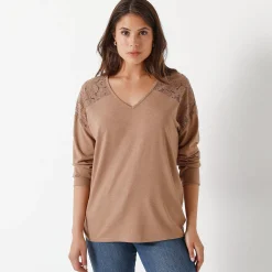 T-shirt met V-hals en lange mouwen in kant