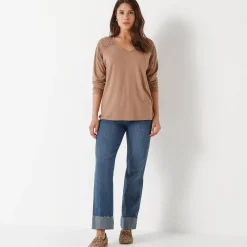 T-shirt met V-hals en lange mouwen in kant