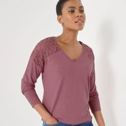 T-shirt met V-hals en lange mouwen in kant