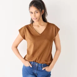 T-shirt met V-hals, glanzend fantasietricot