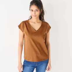 T-shirt met V-hals, glanzend fantasietricot