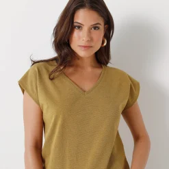 T-shirt met V-hals, glanzend fantasietricot