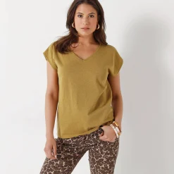 T-shirt met V-hals, glanzend fantasietricot