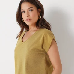 T-shirt met V-hals, glanzend fantasietricot