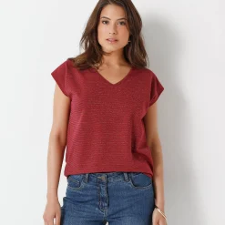 T-shirt met V-hals, glanzend fantasietricot