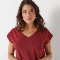 T-shirt met V-hals, glanzend fantasietricot