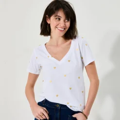 T-shirt met V-hals, goudkleurige hartjesprint