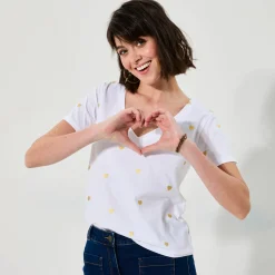 T-shirt met V-hals, goudkleurige hartjesprint