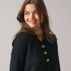 Tunic sweater with Tunisian collar, fancy knit