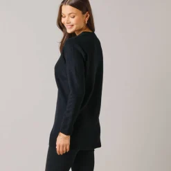 Tunic sweater with Tunisian collar, fancy knit