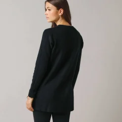 Tunic sweater with Tunisian collar, fancy knit
