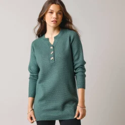 Tunic sweater with Tunisian collar, fancy knit