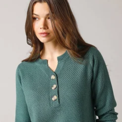 Tunic sweater with Tunisian collar, fancy knit