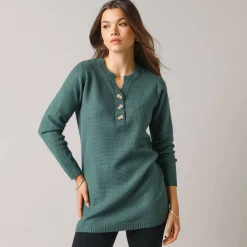 Tunic sweater with Tunisian collar, fancy knit