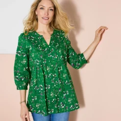 Tuniek met knopen, plooitjes en bloemenprint
