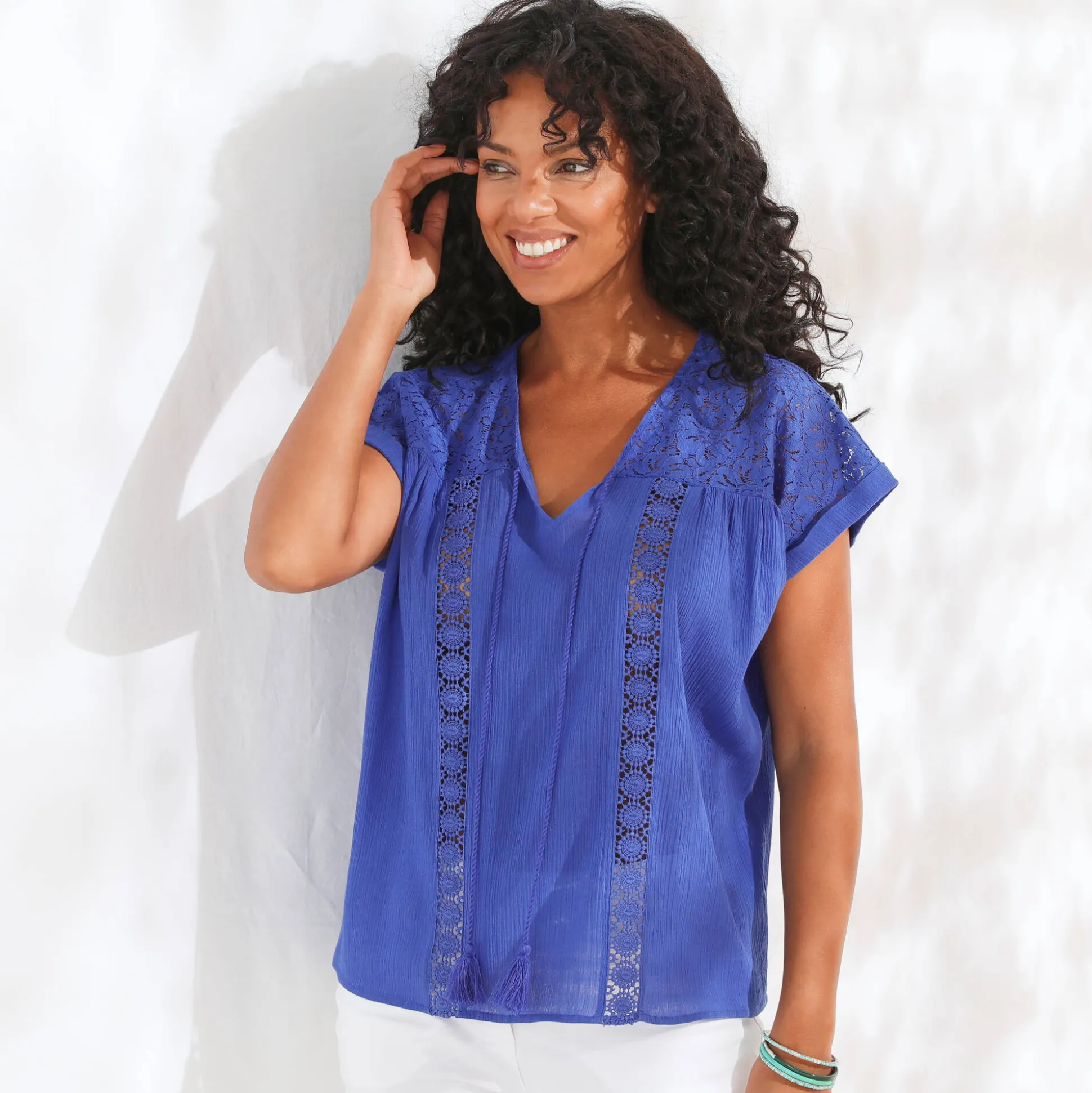 Tuniek met macramé, in katoencrêpe
