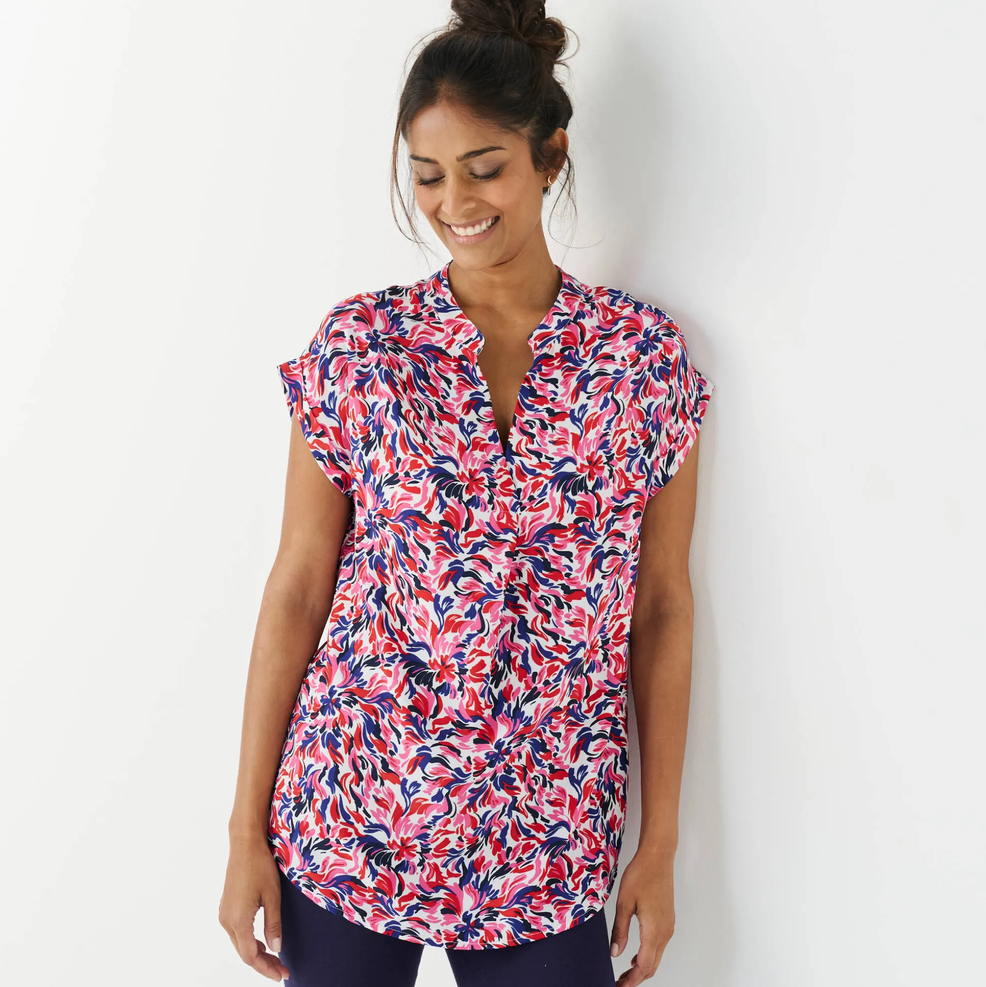 Tuniek met mouwomslagen, veelkleurige print