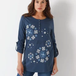 Tuniek met Tunesische hals en lange mouwen, geplaatste print