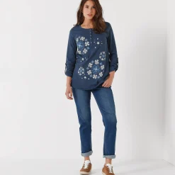 Tuniek met Tunesische hals en lange mouwen, geplaatste print