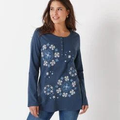 Tuniek met Tunesische hals en lange mouwen, geplaatste print