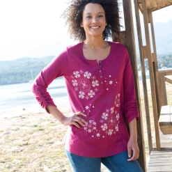 Tuniek met Tunesische hals en lange mouwen, geplaatste print