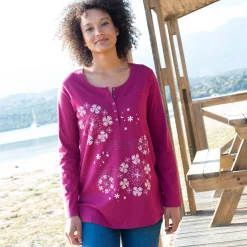 Tuniek met Tunesische hals en lange mouwen, geplaatste print