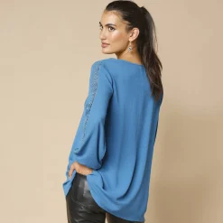 Tuniek met V-hals en macramé, lange mouwen, crepon